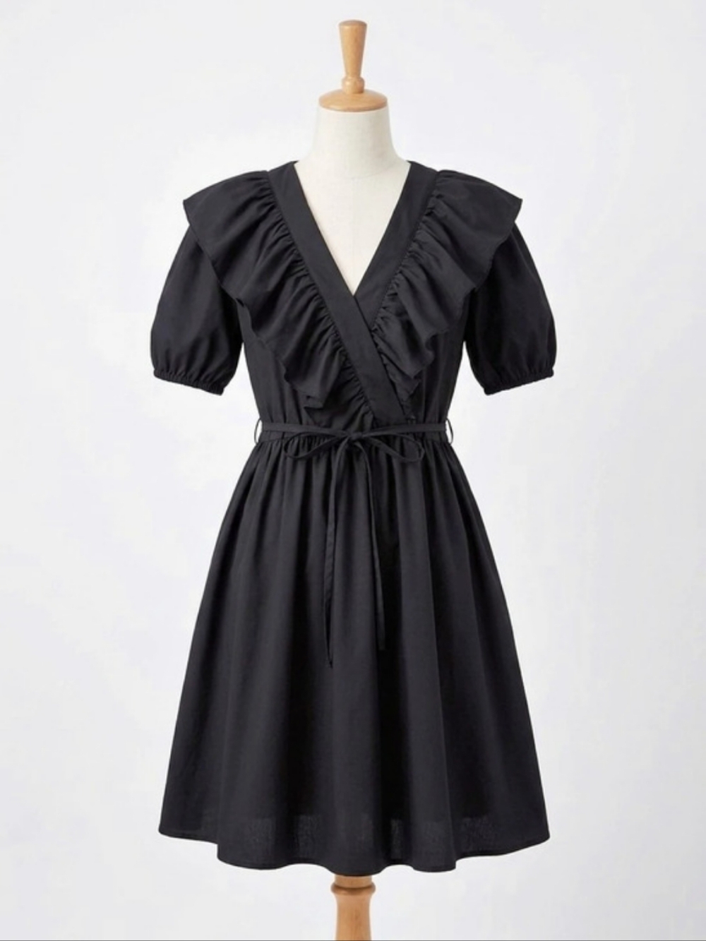 Ruffle Trim A Line, V Neck Black Dress -Dark Academia -Gothcore Momococo NWOT